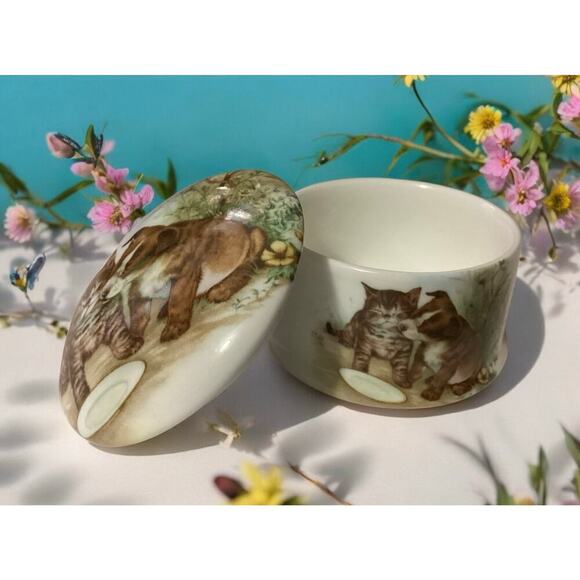 Vintage Bone china england trinket box puppy and kitten motif - Picture 1 of 5